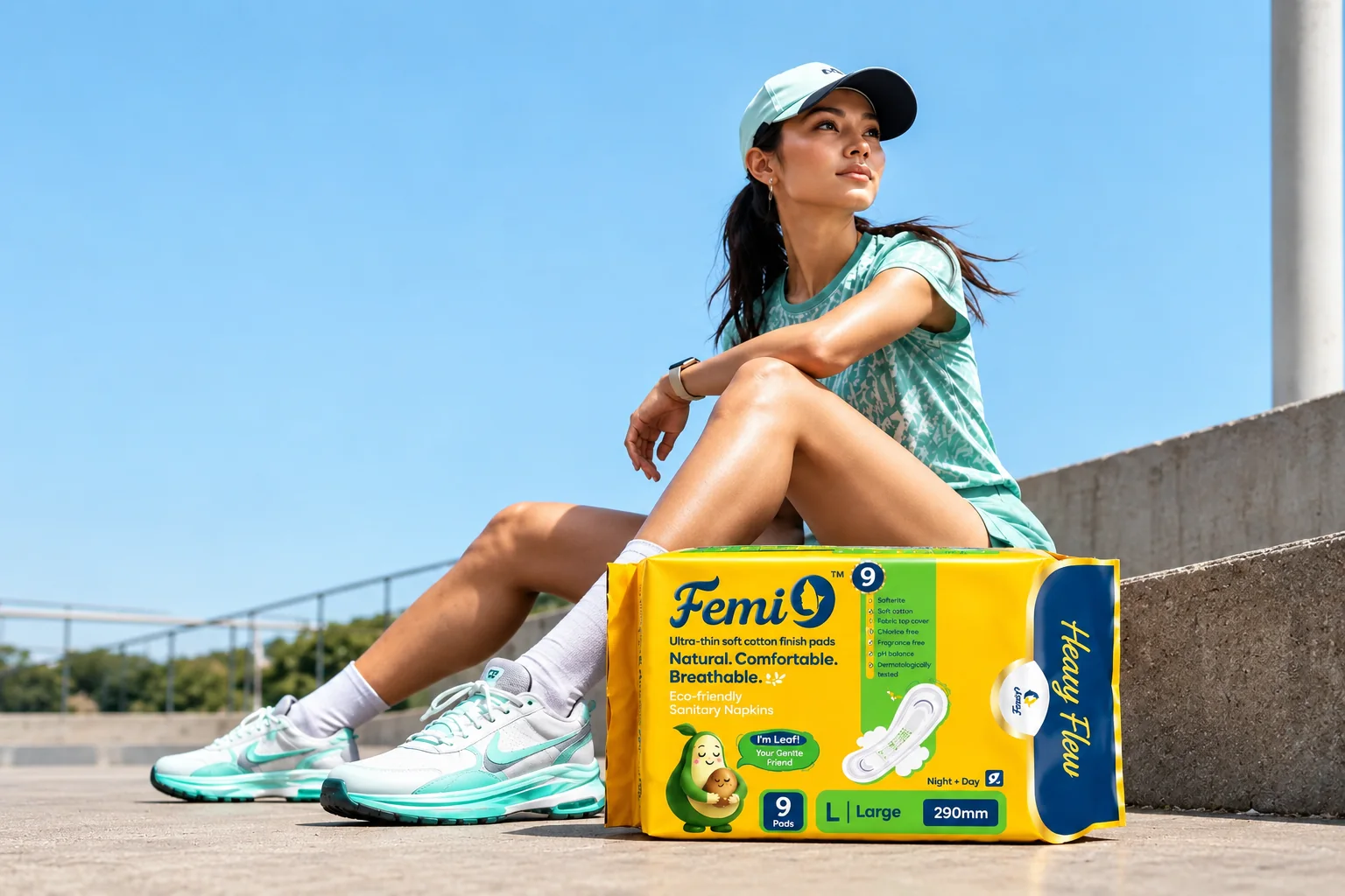 A woman in a cap and running shoes resting on a step beside a Femi9 Large Heavy Flow pack.