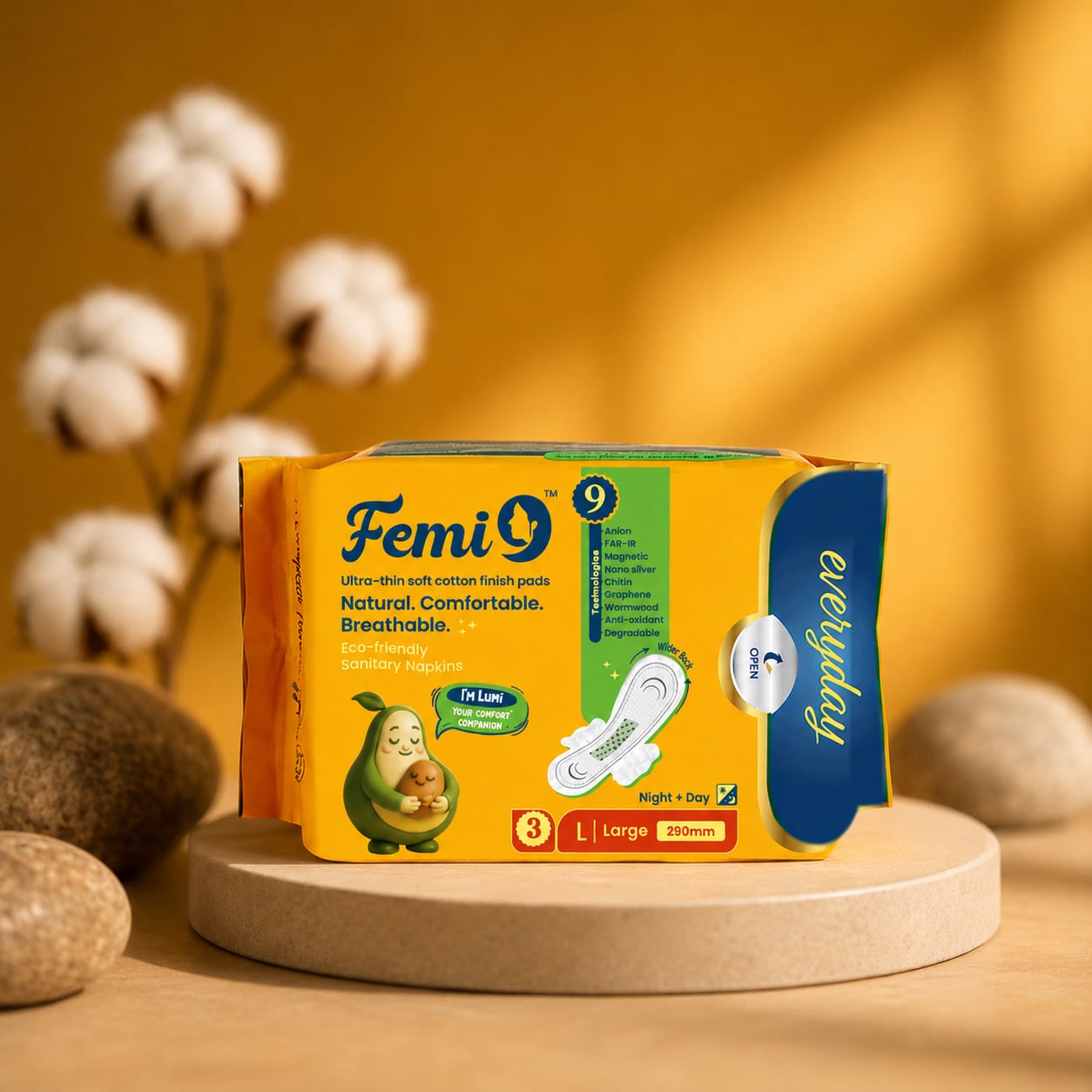 Femi9 pack with cotton bolls on yellow
