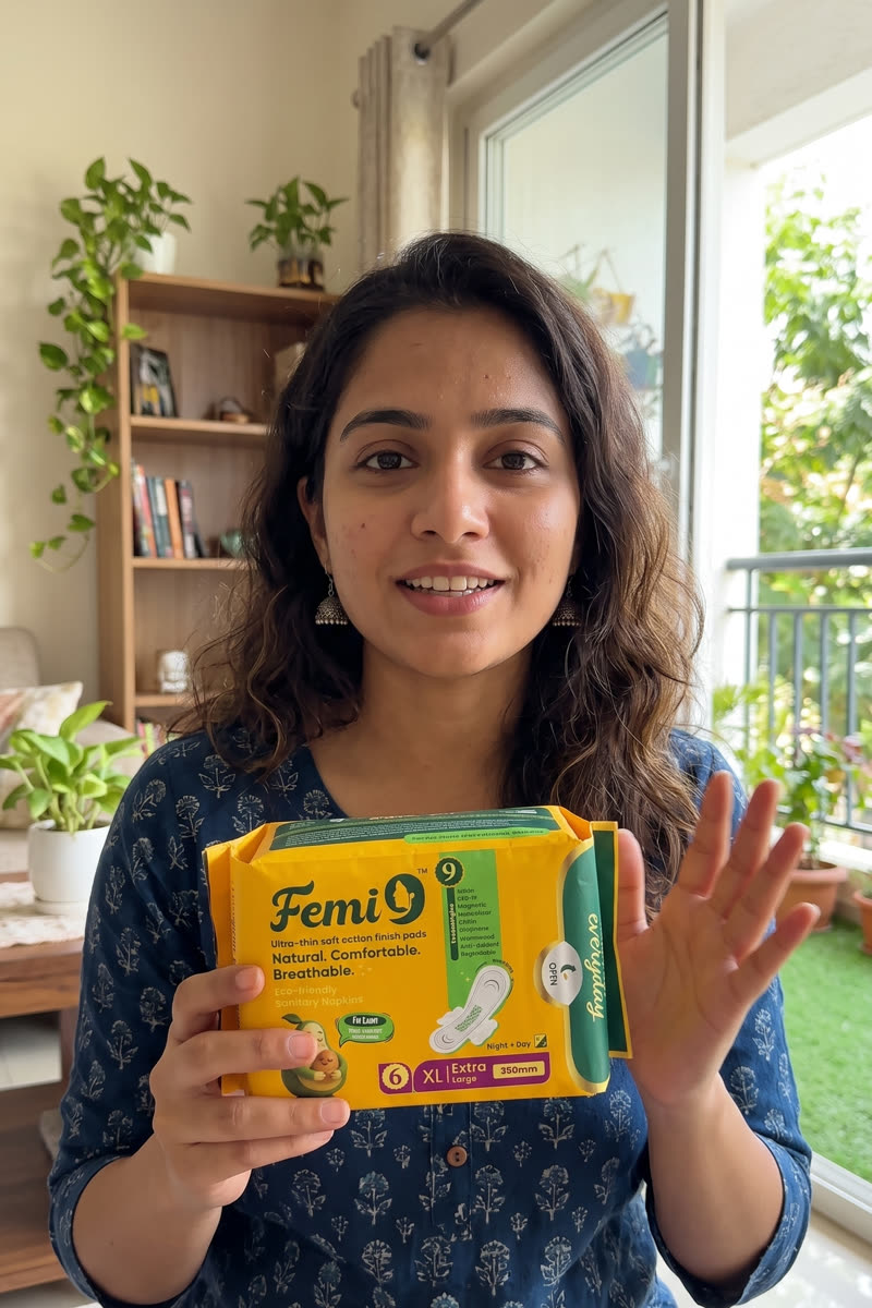 Woman smiling and holding a Femi9 330mm pad pack by a sunny window